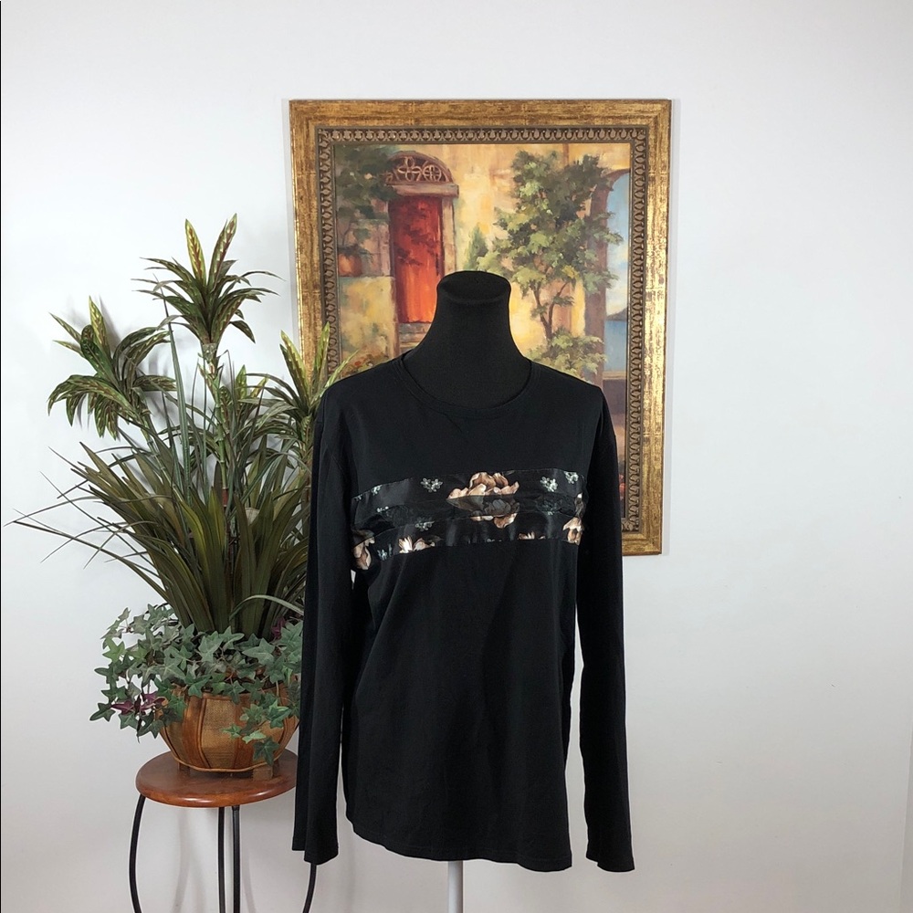 Women Size Large Blackâ Floral Long Sleeve Top Pullover Round Neck Wimsigoth